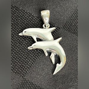 925 Sterling Silver Double Jumping Dolphins Charm Pendant.